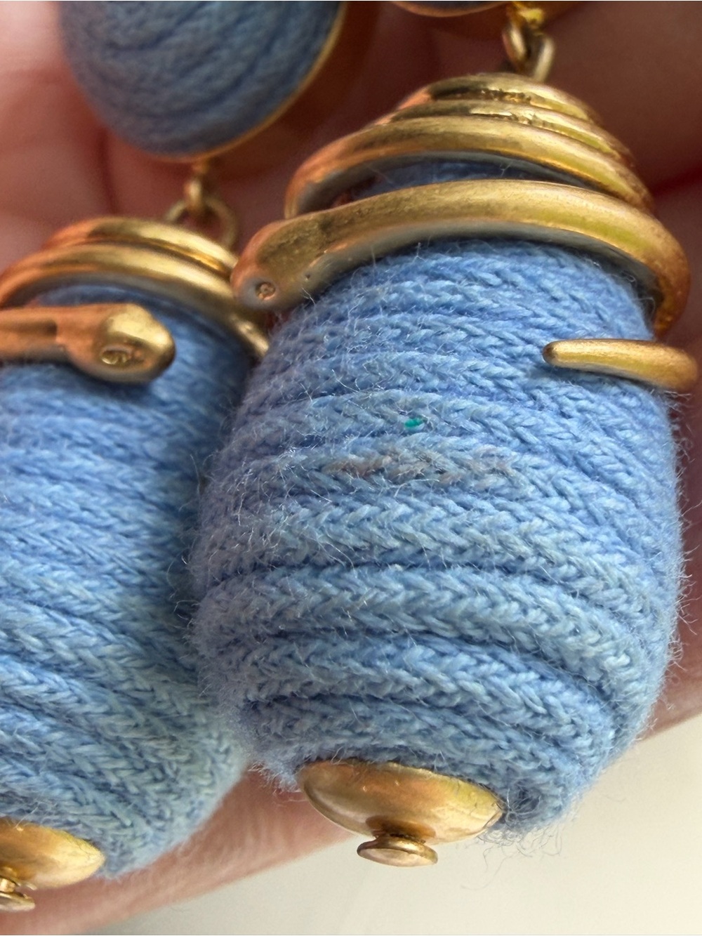 Hand-Wrapped Light Blue Woven Textile Drop Earrings with Gold Serpent Accents - Picture 11 of 13